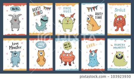 Cute monsters cards set. Cartoon monsters collection. Vector illustration 103923930