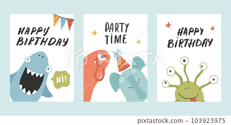 Birthday cards set with Cute monsters. Cartoon monsters collection. Vector illustration 103923975