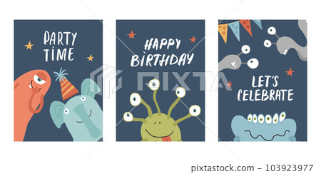 Birthday cards set with Cute monsters. Cartoon monsters collection. Vector illustration 103923977