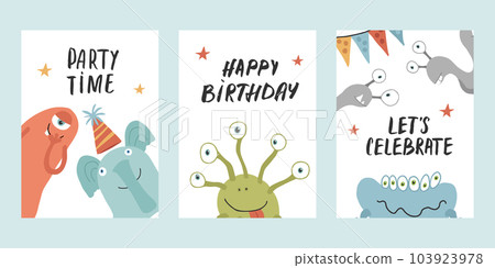 Birthday cards set with Cute monsters. Cartoon monsters collection. Vector illustration 103923978