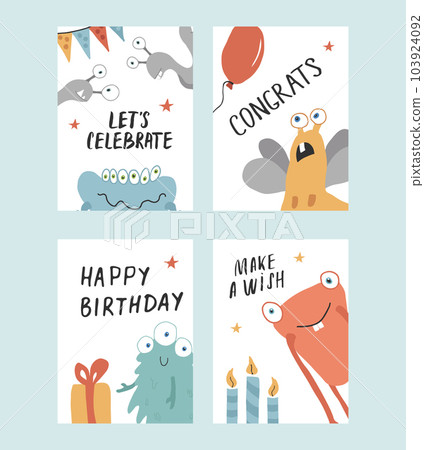 Birthday cards set with Cute monsters. Cartoon monsters collection. Vector illustration 103924092