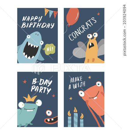 Birthday cards set with Cute monsters. Cartoon monsters collection. Vector illustration Birthday cards set with Cute monsters. Cartoon monsters collection. Vector illustration 103924094