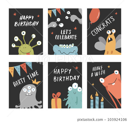 Birthday cards set with Cute monsters. Cartoon monsters collection. Vector illustration 103924106