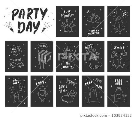 Cute monsters cards set. Cartoon monsters collection. Vector illustration 103924132