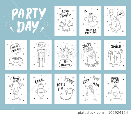 Cute monsters cards set. Cartoon monsters collection. Vector illustration 103924134