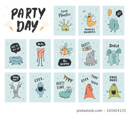 Cute monsters cards set. Cartoon monsters collection. Vector illustration 103924135