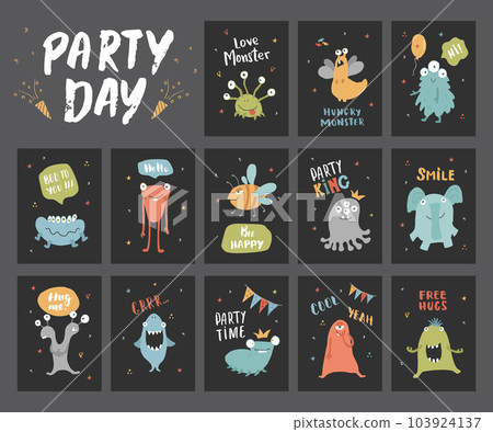 Cute monsters cards set. Cartoon monsters collection. Vector illustration 103924137