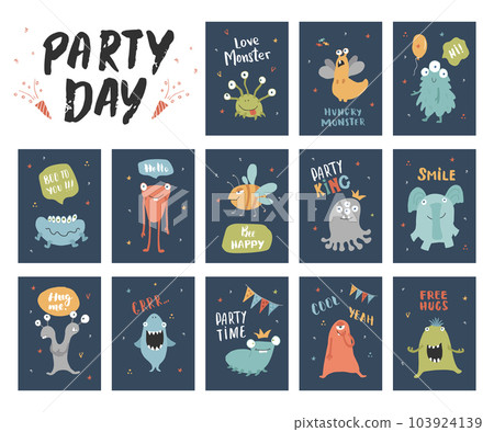 Cute monsters cards set. Cartoon monsters collection. Vector illustration 103924139