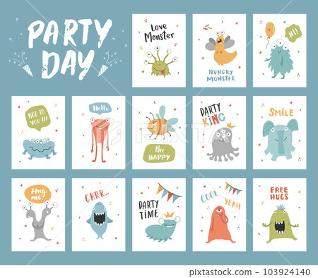 Cute monsters cards set. Cartoon monsters collection. Vector illustration 103924140