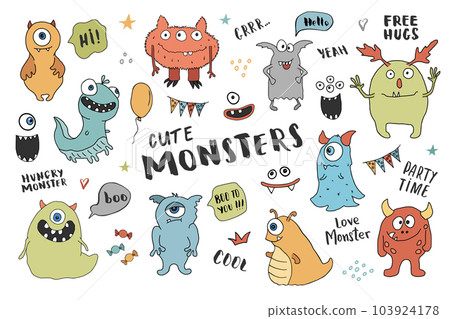 Cute monsters set. Cartoon monsters collection. Vector illustration 103924178