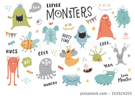 Cute monsters set. Cartoon monsters collection. Vector illustration 103924203