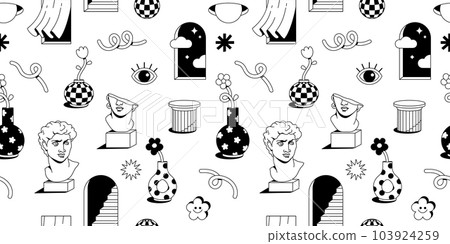 Surreal psychedelic cartoon sticker pack. Cartoon flowers and vase, abstract shapes clouds, greek sculpture and statue, arch, window, column in trendy playful cartoon style. Vector illustrations. 103924259