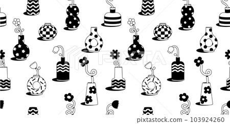 Cute cartoon flower and vase seamless pattern. Daisy floral organic form and other elements in trendy playful cartoon style. Vector background. 103924260