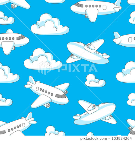Pattern with airplanes and clouds. Travel illustration and tourism background. 103924264