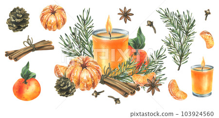 Christmas decor with tangerines, candle, sweets and pine branches. Watercolor illustration, hand drawn. For congratulations and holiday. A set isolated objectss on a white background Christmas decor with tangerines, candle, sweets and pine branches. Watercolor illustration, hand drawn. For congratulations and holiday. A set isolated objectss on a white background 103924560