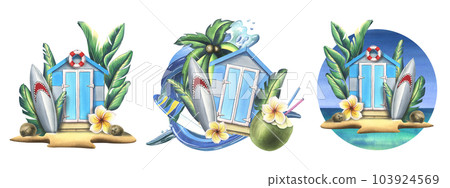 Wooden beach cabin with surfboard, tropical monstera leaves, frangipani flowers and cocktail in coconut. Watercolor illustration, hand drawn. A set Isolated compositions on a white background. Wooden beach cabin with surfboard, tropical monstera leaves, frangipani flowers and cocktail in coconut. Watercolor illustration, hand drawn. A set Isolated compositions on a white background. 103924569