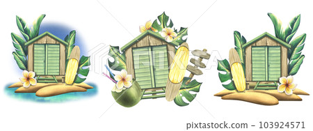 Wooden beach cabin with surfboard, tropical palm leaves, frangipani flowers and cocktail in coconut. Watercolor illustration, hand drawn. A set Isolated compositions on a white background. Wooden beach cabin with surfboard, tropical palm leaves, frangipani flowers and cocktail in coconut. Watercolor illustration, hand drawn. A set Isolated compositions on a white background. 103924571
