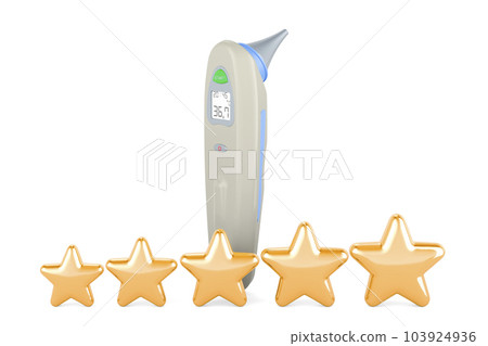 Digital Forehead and Ear Thermometer with five golden stars. 3D rendering Digital Forehead and Ear Thermometer with five golden stars. 3D rendering 103924936