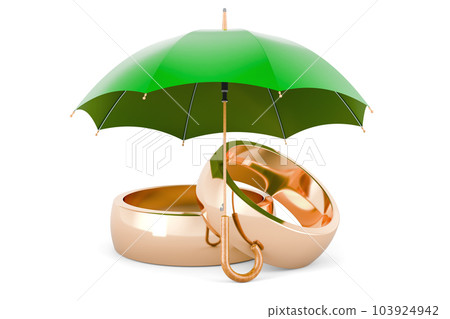 Golden wedding rings under umbrella. 3D rendering Golden wedding rings under umbrella. 3D rendering 103924942