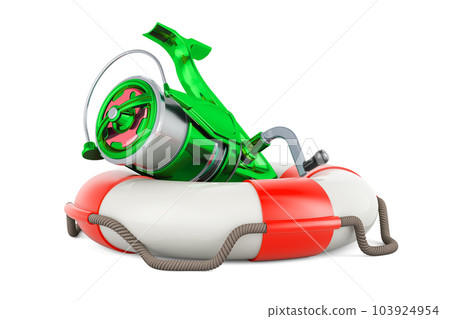 Spinning reel inside lifebelt. 3D rendering Spinning reel inside lifebelt. 3D rendering 103924954