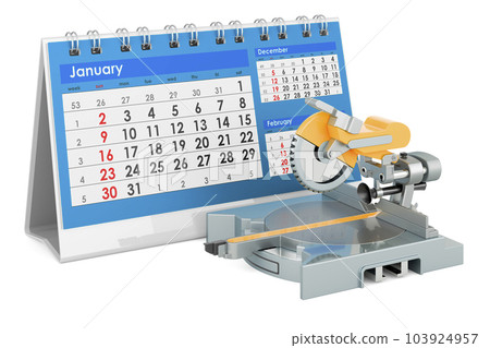 Table circular saw with desk calendar. 3D rendering Table circular saw with desk calendar. 3D rendering 103924957