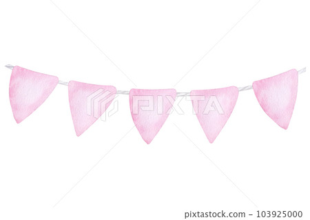 Pink flags for girl kids room. Hand drawn watercolor illustration isolated on white background. For gender reveal party, baby shower, children's design, newborn products 103925000