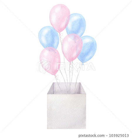 Blue pink balloons in box twins boy girl kids birthday surprise. Hand drawn watercolor illustration isolated on white background. For gender reveal party, baby shower, children's design, newborn 103925013