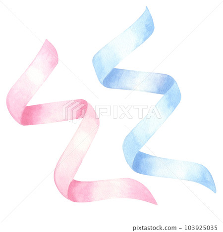 Spiral satin ribbons blue, pink. Boy or girl. Confetti. Hand drawn watercolor illustration isolated on white background. For gender reveal party, baby shower, children's design 103925035