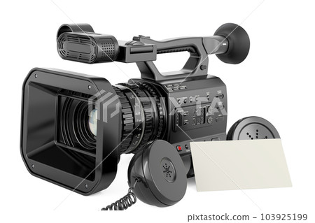 Professional video camera with blank business card and retro phone receiver. 3D rendering 103925199