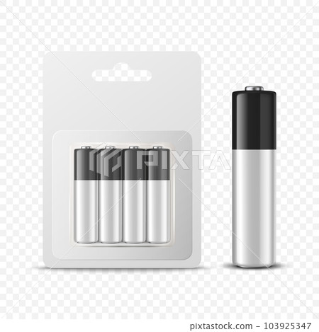 Vector 3d Realistic Four Alkaline Black and White Battery in Paper Blister and Battery Icon Closeup Set Isolated. AA Size, Vertical Position. Design Template for Branding, Mockup. Vector Illustration Vector 3d Realistic Four Alkaline Black and White Battery in Paper Blister and Battery Icon Closeup Set Isolated. AA Size, Vertical Position. Design Template for Branding, Mockup. Vector Illustration 103925347