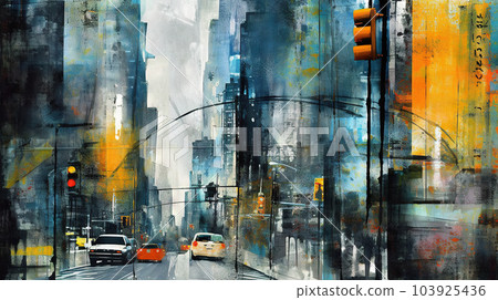 Abstract city street view - grungy painting - generative AI, AI generated 103925436