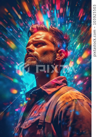 Man portrait - magical colored lights, generative AI, AI generated Man portrait - magical colored lights, generative AI, AI generated 103925503