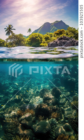 Tropical island above and underwater - generative AI, AI generated Tropical island above and underwater - generative AI, AI generated 103925505