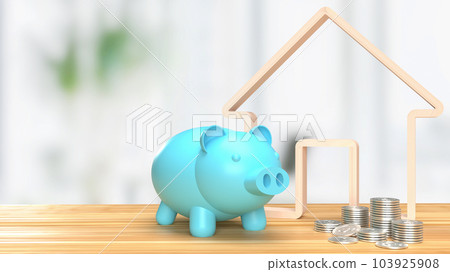 The Blue piggy bank and wood home icon 3d rendering 103925908