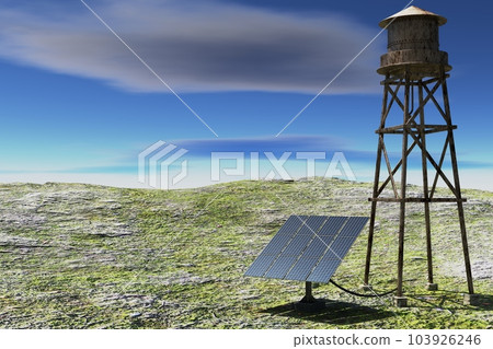 landscape with water tower heating by solar batteries landscape with water tower heating by solar batteries 103926246