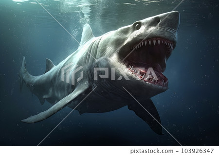 Model of a dangerous predatory white shark with open mouth underwater AI Model of a dangerous predatory white shark with open mouth underwater AI 103926347