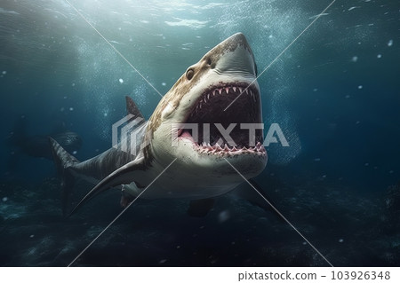 Model of a dangerous predatory white shark with open mouth underwater AI Model of a dangerous predatory white shark with open mouth underwater AI 103926348