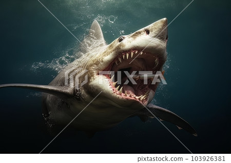 Model of a dangerous predatory white shark with prey in mouth AI 103926381