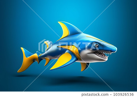 Cartoon 3D image of a shark on a blue background isolated AI 103926536