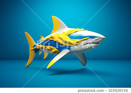 Cartoon 3D image of a shark on a blue background isolated AI 103926556