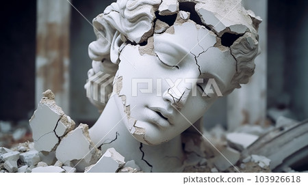 Damaged statue of young woman, head of broken female sculpture, generative AI. 103926618
