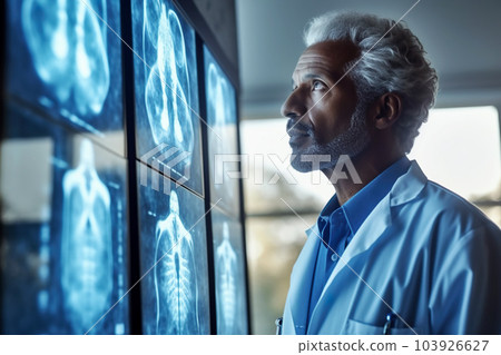 Doctor looking at x-rays in laboratory, radiologist works with MRI scans, generative AI Doctor looking at x-rays in laboratory, radiologist works with MRI scans, generative AI 103926627