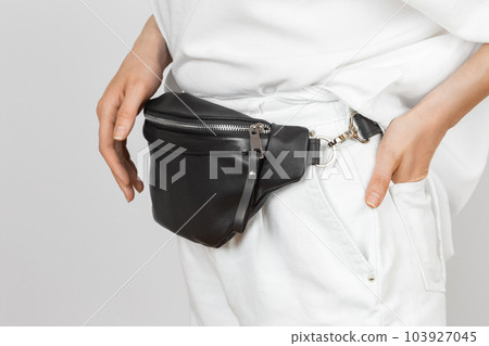 Black Genuine Leather Belt Bag on a Woman 103927045