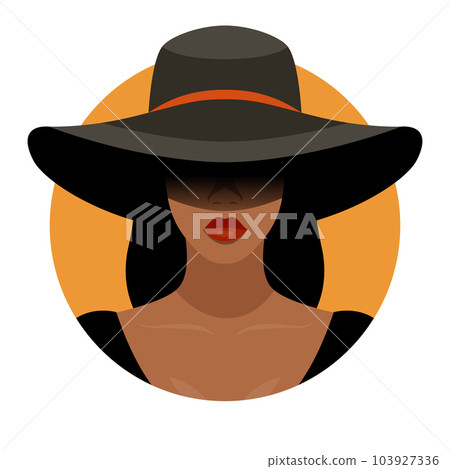 Vector Background. Beautiful Young African American Black Woman with Black Hair, Closed Face with Big Hat, Wide Margins Covering Her Face, Flat Style. Solidarity People, Womens Rights Concept 103927336