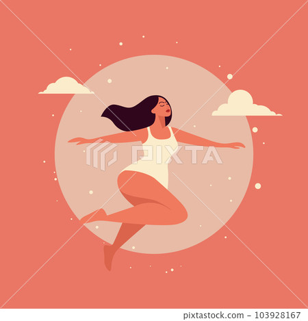 Vector Flying, Soaring Happy Woman in a Jump on Pink Background. Attractive Beautiful Girl. Lightness, Womens Health, Womens Happiness, Feminine Menstrual Cycle, Menstruation, Hygiene Concept Banner 103928167