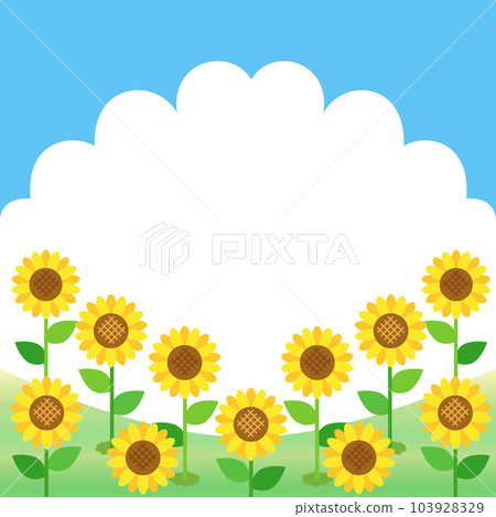 An illustration of a summer landscape of sunflowers, blue skies and thunderheads square version 103928329