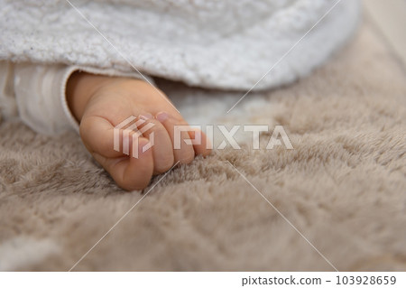 The left hand of an infant taking a nap in the living room The left hand of an infant taking a nap in the living room 103928659