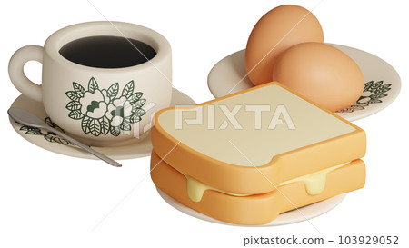 3D traditional oriental style coffee, half boiled eggs and butter toast breakfast set. Vintage Nanyang style coffee cup and plate 3D rendering icon illustration 103929052