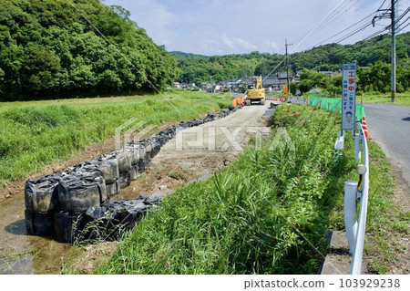 River slope restoration work that collapsed due to flood damage River slope restoration work that collapsed due to flood damage 103929238