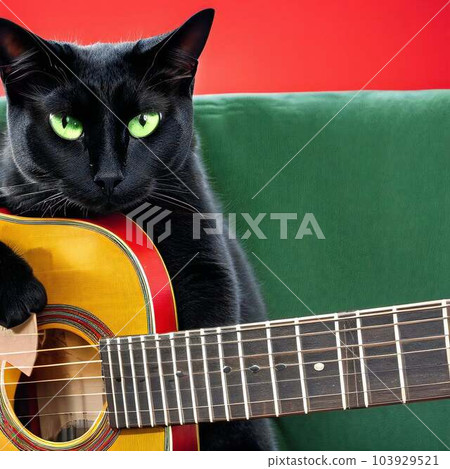black cat playing red guitar 103929521